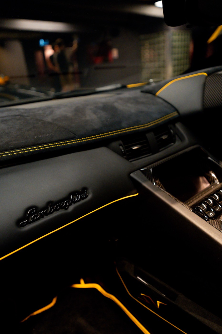 Lamborghini Aventador SVJ dashboard and yellow stitching detail